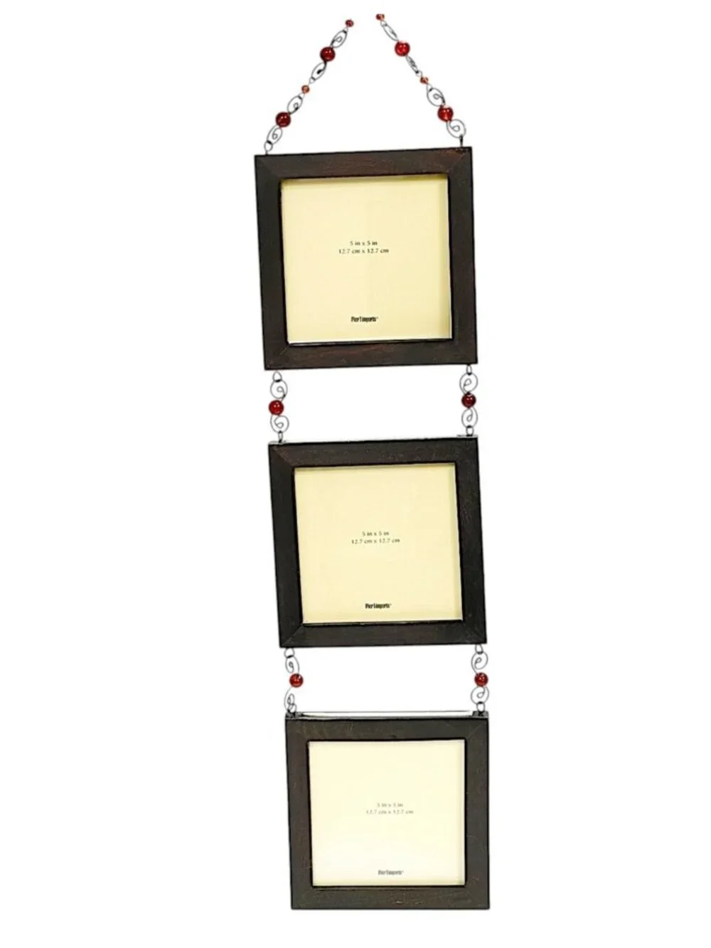 PIER 1 IMPORTS Triple Wall Frame Brown Wood Red Beads Boho Decor Hanging